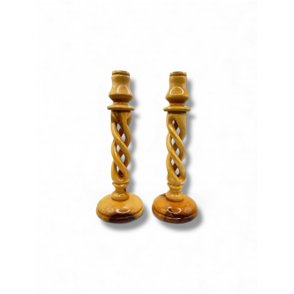 Vintage Candlestick Holders Olive Wood Twisted Spiral 9" Tall Pair